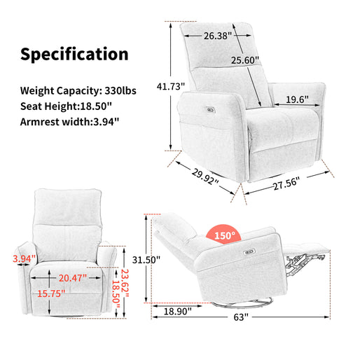 270° Power Swivel Rocker Glider Recliner Chair With USB Ports