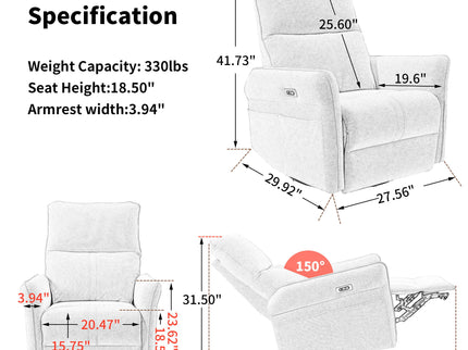 Power Swivel Rocker Recliner Chair, 270° Swivel Rocking Recliner Chair, Electric Small Recliners For Small Spaces, Single Sofa Recliner For Living Room - Blue / Gray
