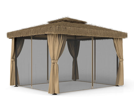 Outdoor Patio Gazebo With Double Canopy, Mosquito Net & Privacy Curtain - Brown