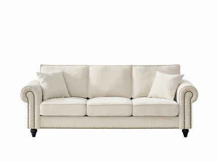 3 Seater Sofa With Tufted Upholstery, Rolled Arms, Nailhead Trim