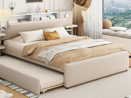 Upholstered Platform Bed With Reading Lights, Drawers, Trundle And Shelves