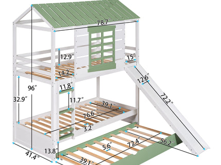 Twin Over Twin House Bunk Bed With Convertible Slide And Trundle - White