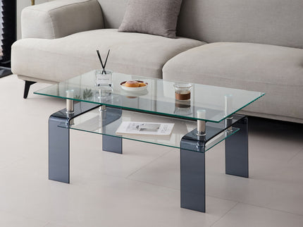 Modern Tempered Glass Coffee Table With 2 Tier Storage For Living Room