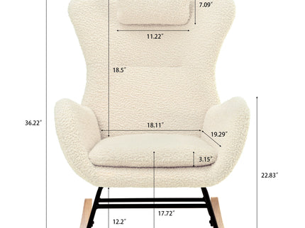 Rocking Chair Nursery, Teddy Upholstered Rocker Glider Chair With High Backrest, Adjustable Headrest & Pocket, Comfy Glider Chair For Nursery, Bedroom, Living Room, Offices, Rubber Wood
