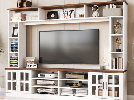 Wall Unit Entertainment Center With Bookshelves For TVs Up To 80", Tempered Glass Doors And Adjustable Shelves