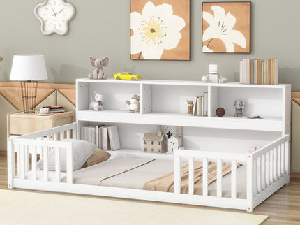 Floor Bed With Bedside Bookcase, Shelves, Guardrails