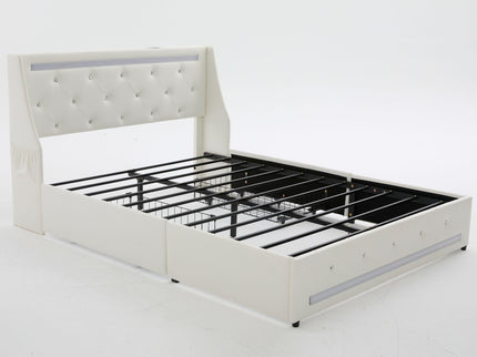Wingback Upholstered Bed Frame With LED Lights, Charging Station