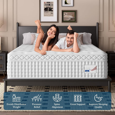 14" King Hybrid Mattress, Memory Foam & Pocket Spring Bed, Medium Firm Comfort, Spine Support, Quiet & Breathable - White