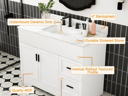 Bathroom Vanity Set, Fluted Cabinet With Soft Close Doors & Drawers, 3 Faucet Holes, Sink Included - White