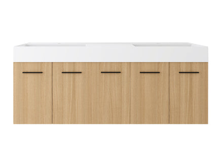 Floating Double Sink Bathroom Vanity With Extra Large Storage, Integrated Sink, Soft Close Doors, Wall Mounted Bath Vanity - Glossy White / Light Oak