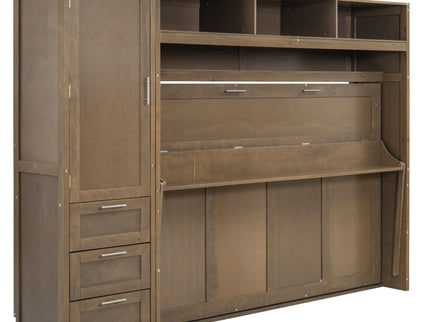Full Size Murphy Bed With Wardrobe, Drawers, And Open Shelves - Wood