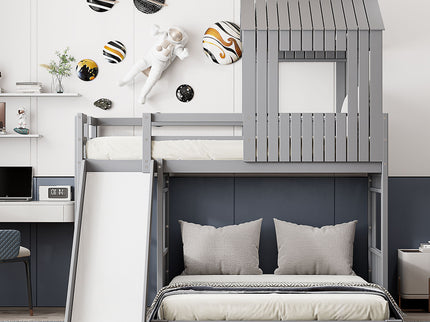 Loft Bunk Bed With Playhouse, Farmhouse, Ladder, Slide And Guardrails