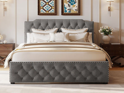Upholstered Platform Bed With 2 Drawers And 2 Sets Of USB Ports On Each Side, Fabric