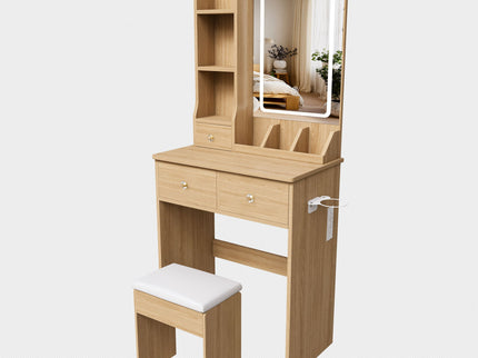 Small Vanity Desk With 3 LED Lighting Modes, 3 Drawers, Hair Dryer Holder, Power Socket, And Dressing Chair - Natural Walnut