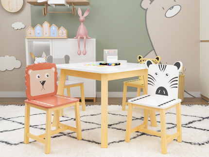 Kids Table And Chair Set With Cartoon Animals Design - White