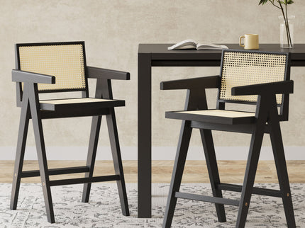 Modern Minimalist Bar Stool With Cane Seat - Black / Natural