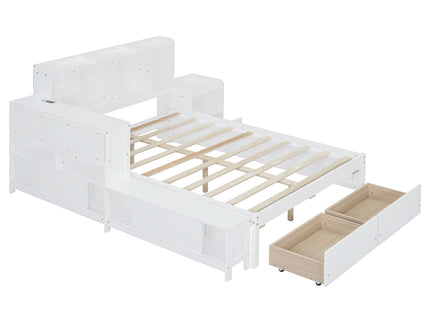 Platform Bed With Multi Functional Storage Space, Nightstand, 2 Drawers, USB Ports And Desk