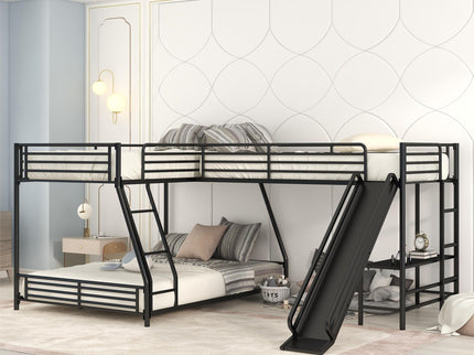 L-Shaped Twin Over Full Bunk Bed With Twin Loft, Built In Desk And Slide - Black