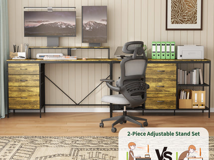 Industrial L Shaped Desk With Power Hub With 6 Drawers And Adjustable Monitor Stands - Brown