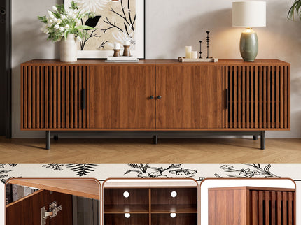 TV Stand, Media Console & Soft Closing Hinges, Adjustable Shelves, Slatted Doors - Walnut