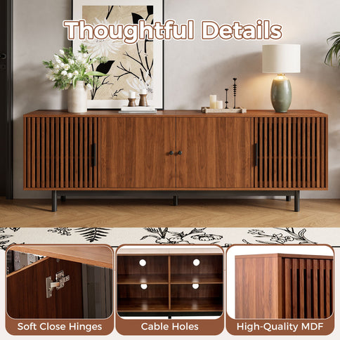 TV Stand, Media Console & Soft Closing Hinges, Adjustable Shelves, Slatted Doors - Walnut