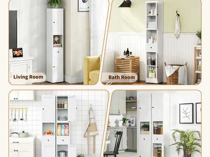 Tall Bathroom Storage Cabinet, 5-Tier Narrow With 2 Doors & Adjustable Shelves, Freestanding - White
