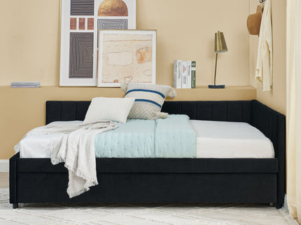 Full Size Upholstered Daybed With Trundle, Tufted Backrest And Armrests - Black
