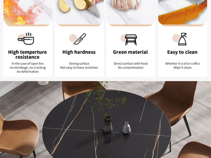 Modern Artificial Stone Round Carbon Steel Base Dining Table, Can Accommodate 6 People - Black