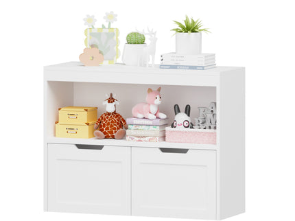 Book Organizer With Large Drawers And Open Shelves, Toy Storage Cabinet With Removable Wheels And Rounded Edges - White