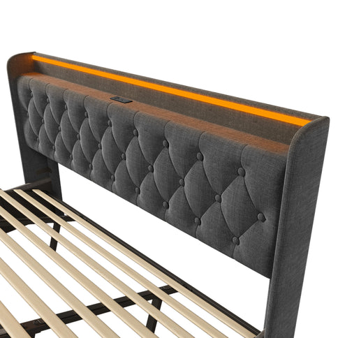 Upholstered Bed, 360 Surround LED Function, Remote Control, Hydraulic Storage Bed With USB, Type-C Charging (Without Mattress)