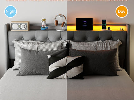 Platform Bed Frame With RGB LED Lights, Charging Station, Storage Headboard & 4 Underbed Drawers