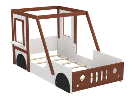 Fun Play Design Twin Size Car Bed, Kids Platform Bed In Car Shaped For Kids Boys Girls Teens - White / Orange