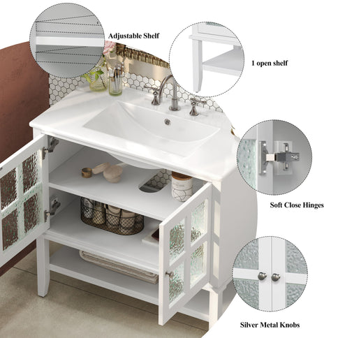 Bathroom Vanity With Ceramic Sink, Adjustable & Open Shelf