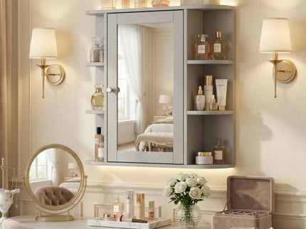 Bathroom Wall Storage Cabinet With Mirror And Adjustable Shelf, 6 Open Shelves