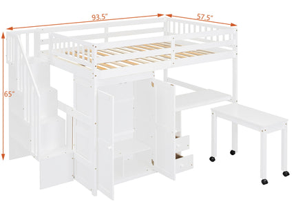 Loft Bed With Stairs, Bookshelf, Drawers, Desk & Wardrobe, Space Saving Multifunctional Furniture