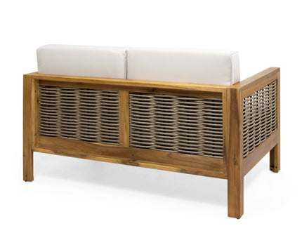 Outdoor 4 Seater Acacia Wood Chat Set With Wicker Accents And Cushions - Teak / Mixed Brown / Beige