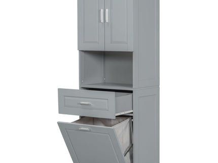Tall Bathroom Cabinet With Tilt-Out Laundry Basket And Upper Storage