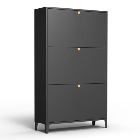 3 Drawer All Steel Shoe Cabinet, Freestanding Storage Organizer With Flip Door