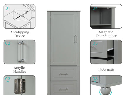 Tall Freestanding Bathroom Storage Cabinet With 2 Drawers And Adjustable Shelf