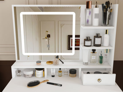 Vanity Desk With Mirror, 3 Color Lighting And Stool