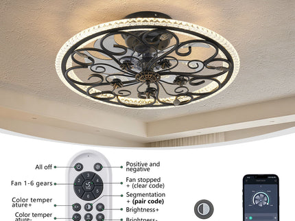 Caged Ceiling Fan With Remote Controlled LED Light - Matte Black