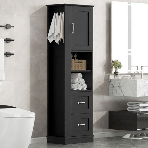 Freestanding Bathroom Storage Cabinet With Adjustable Shelves And Side Hooks Board, Rectangle Design