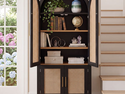 Tall Arched Cabinet With Rattan Doors & Adjustable Shelves