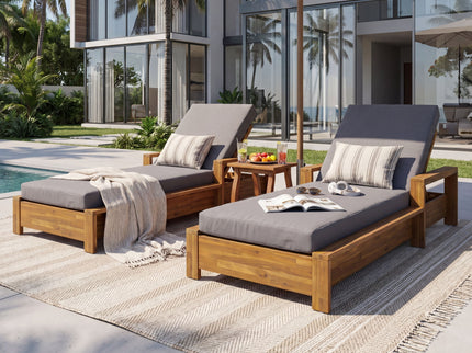 Chaise Lounge With Armrests, 2 Fold Cushion Set, 3 Position Adjustable Backrest, For Patio Pool - Dark Gray / Teak