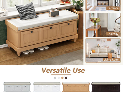 Shoe Bench With Cushion And 3 Drawers - Natural