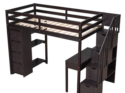 Loft Bed With Storage Drawers, Desk And Stairs With Shelves