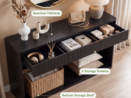 Fluted Console Table With 3 Drawers, Long Sofa Table Behind Couch For Living Room - Black