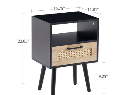 15.75" Rattan End Table With Drawer And Solid Wood Legs, Modern Nightstand, Side Table For Living Room, Bedroom