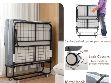 Foldable Metal Frame Bed For Guest With Memory Foam Mattress On Wheels, Saving Space Rollaway Bed