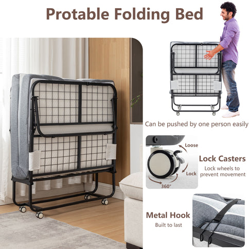 Foldable Metal Frame Bed For Guest With Memory Foam Mattress On Wheels, Saving Space Rollaway Bed